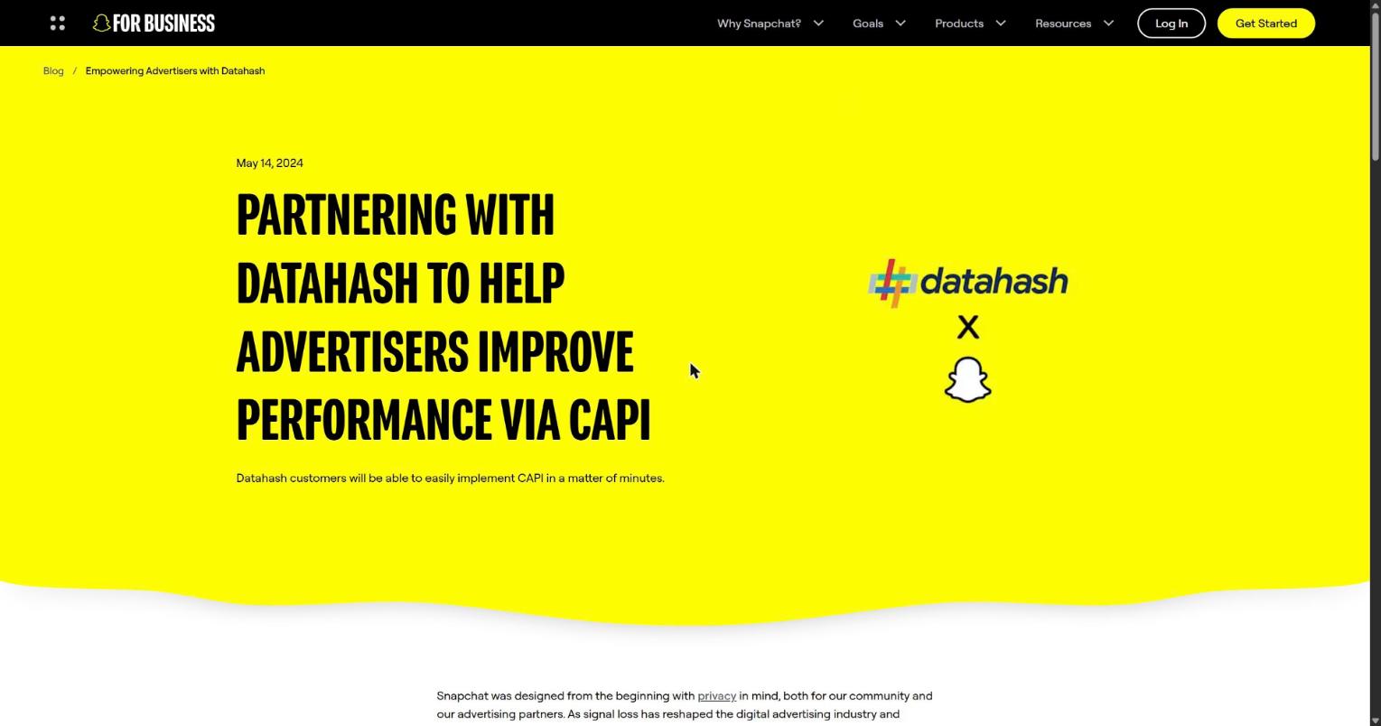 Snapchat for Business blog post announcing the partnership with Datahash to implement CAPI for advertisers