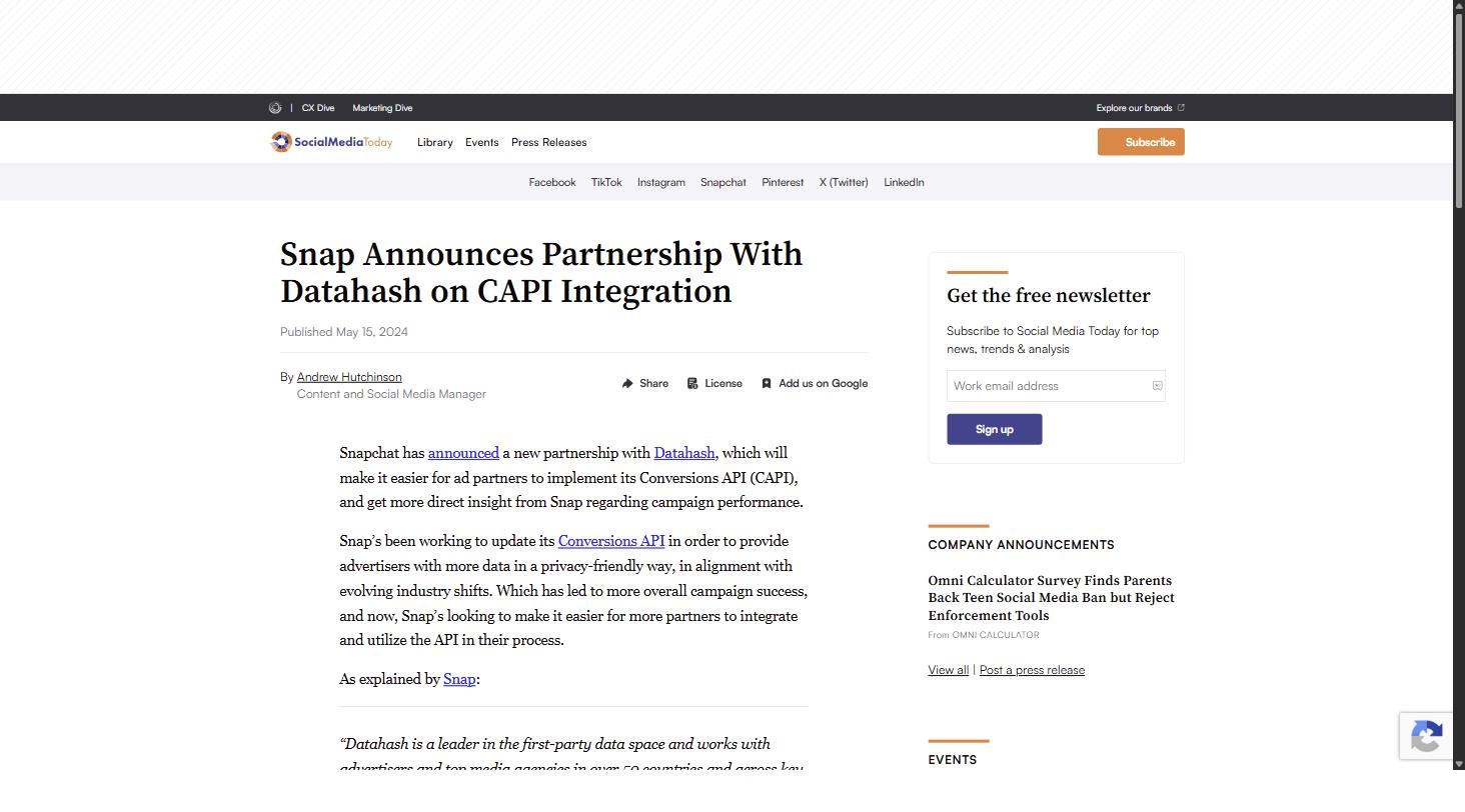 Social Media Today article on Snap announcing its partnership with Datahash on CAPI integration