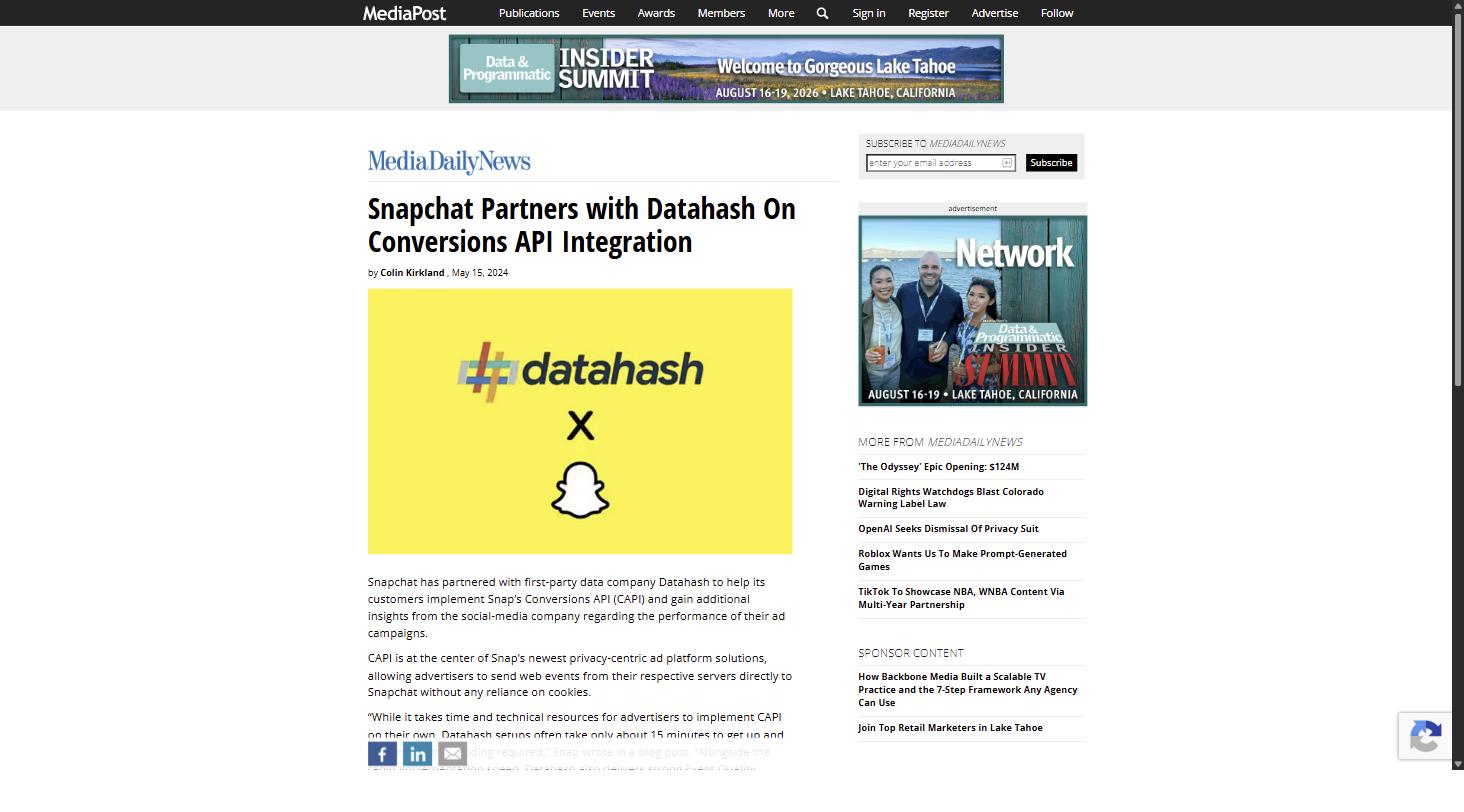 MediaPost MediaDailyNews article on Snapchat partnering with Datahash for Conversions API integration