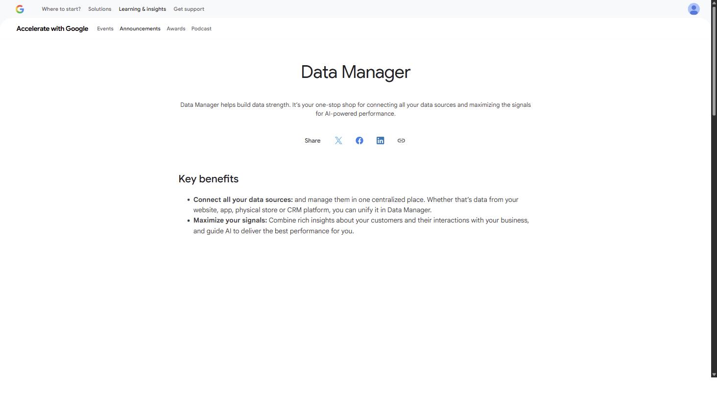 Google's Data Manager announcement page on Accelerate with Google, describing one centralized place for connecting data sources