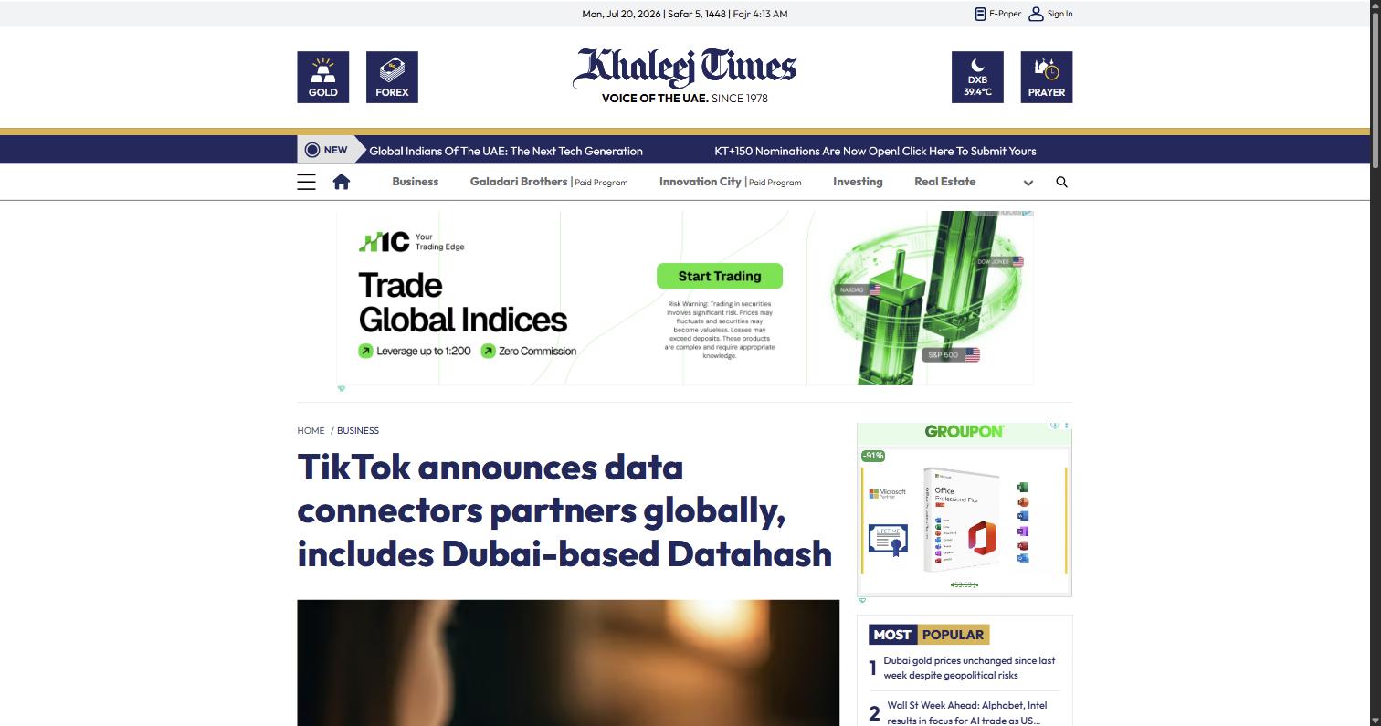 Khaleej Times article on TikTok announcing its data connectors partners, including Dubai-based Datahash