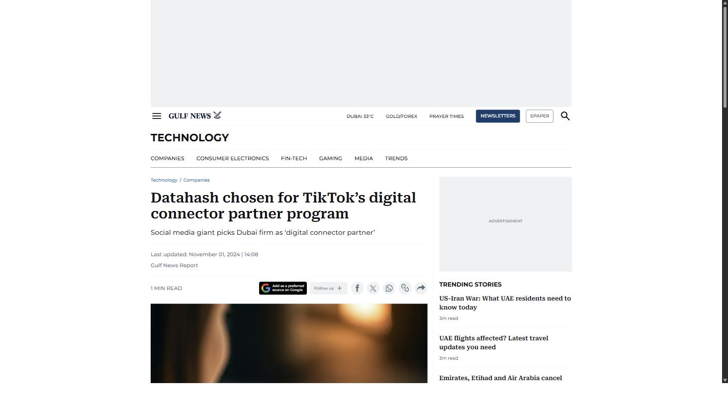 Gulf News article on Datahash being chosen for TikTok's digital connector partner program