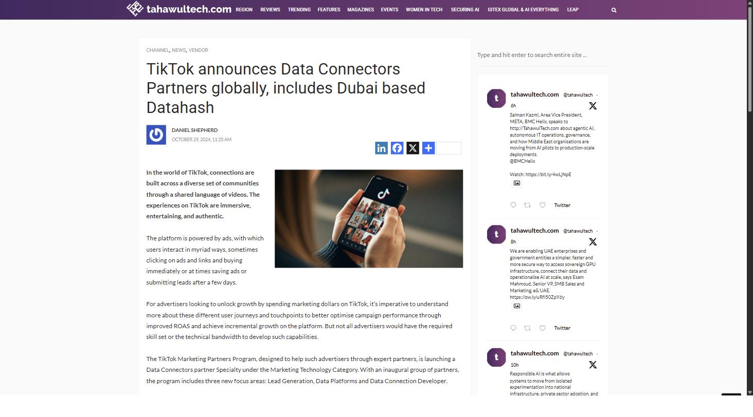 TahawulTech article on TikTok's Data Connectors specialty launch with Datahash among inaugural partners