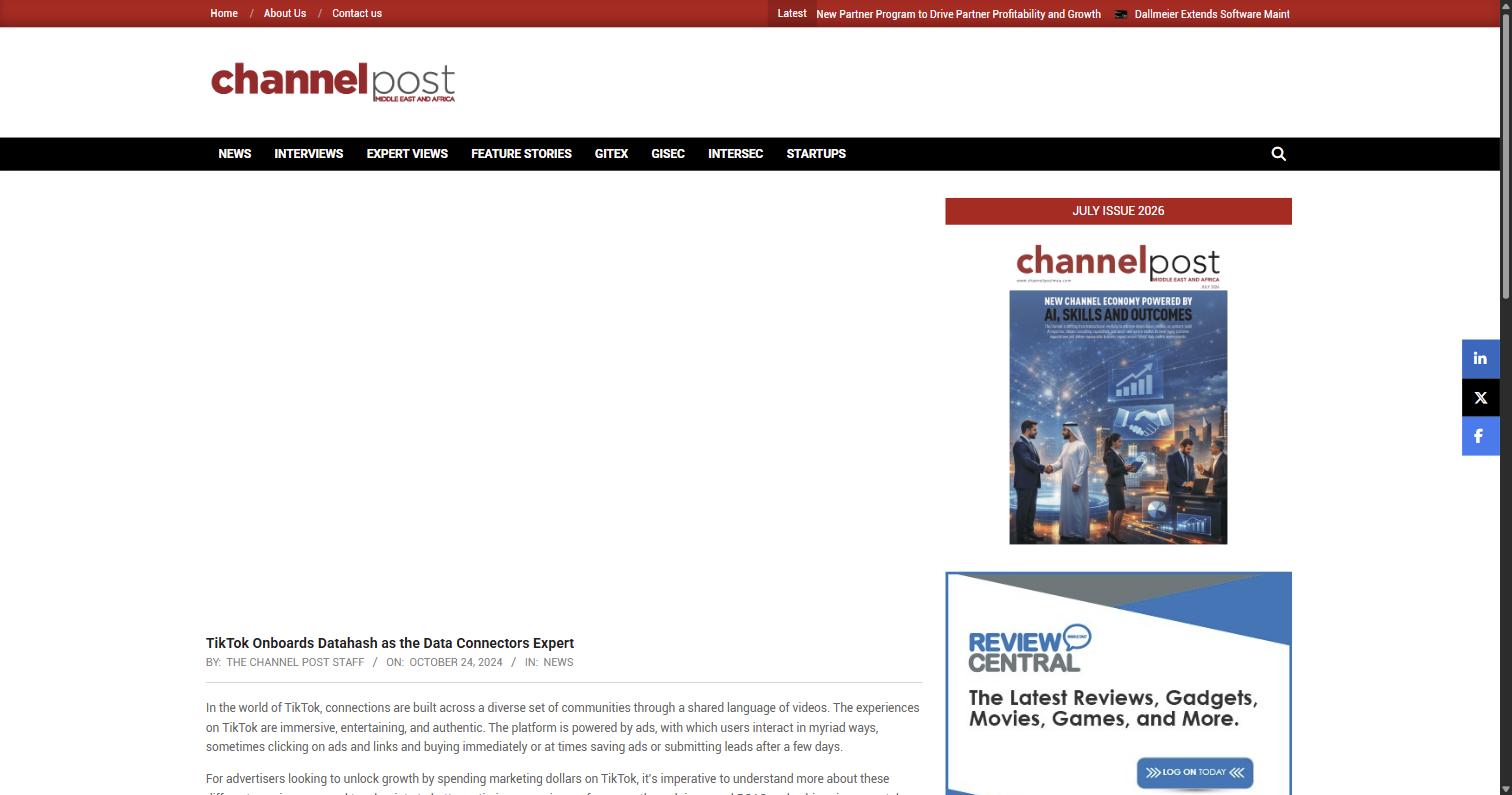 Channel Post MEA article on TikTok onboarding Datahash as a data connectors expert
