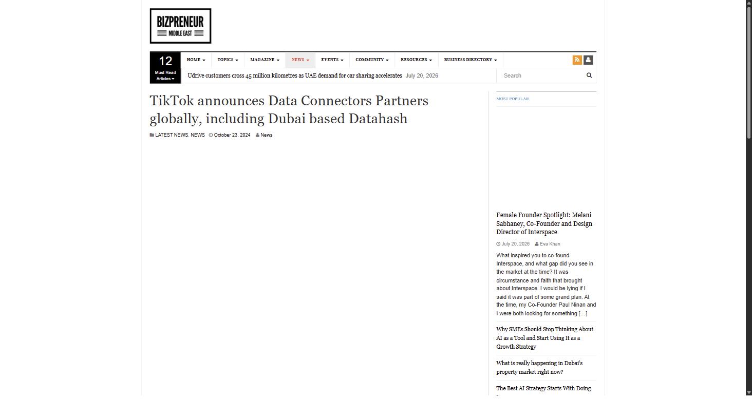 Bizpreneur Middle East article on Datahash's inclusion in TikTok's global data connectors partner list