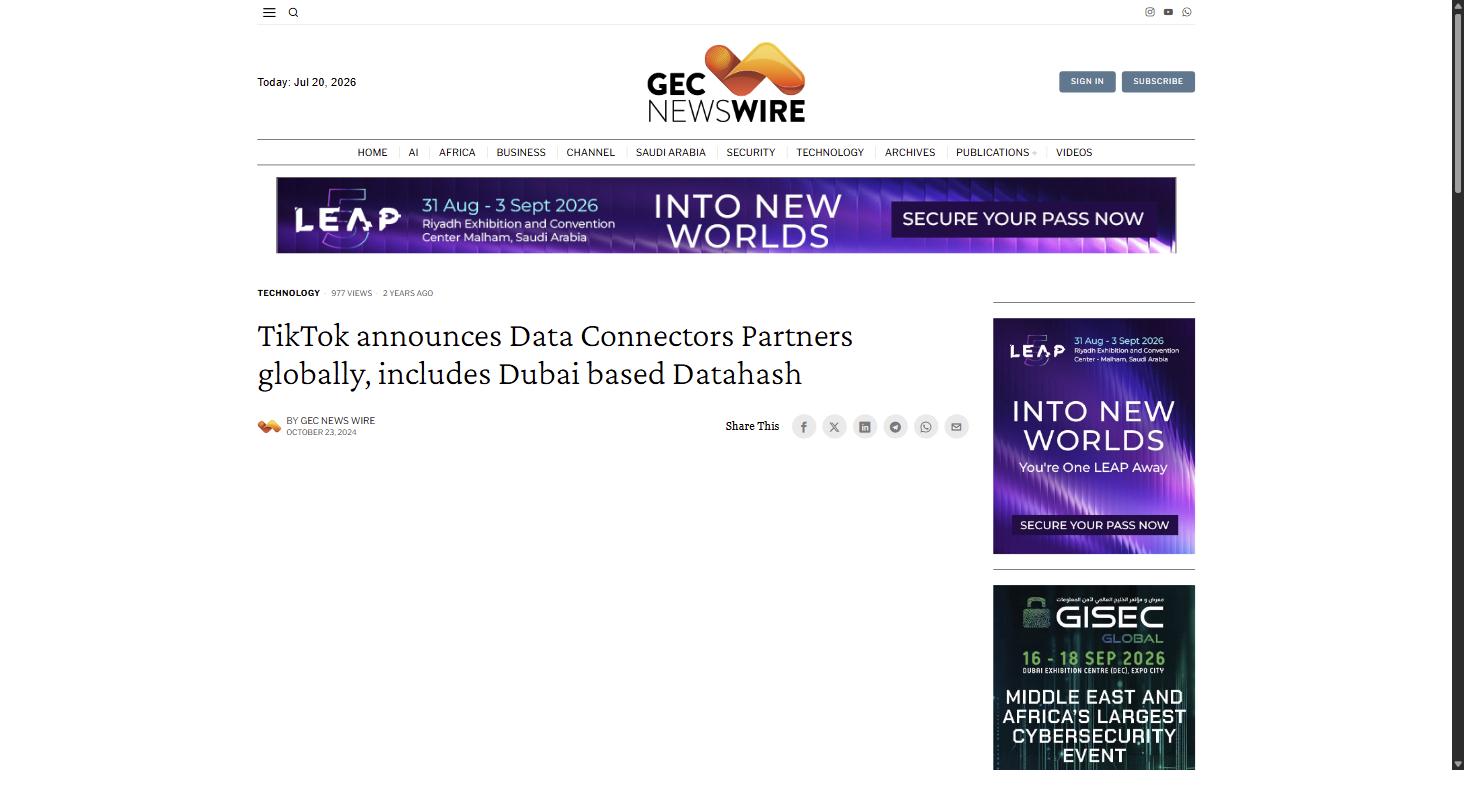 GEC News Wire article on TikTok's global data connectors partner announcement naming Dubai-based Datahash