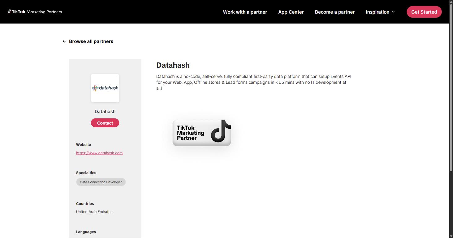 Datahash profile in the TikTok Marketing Partners directory showing the Data Connectors specialty badge