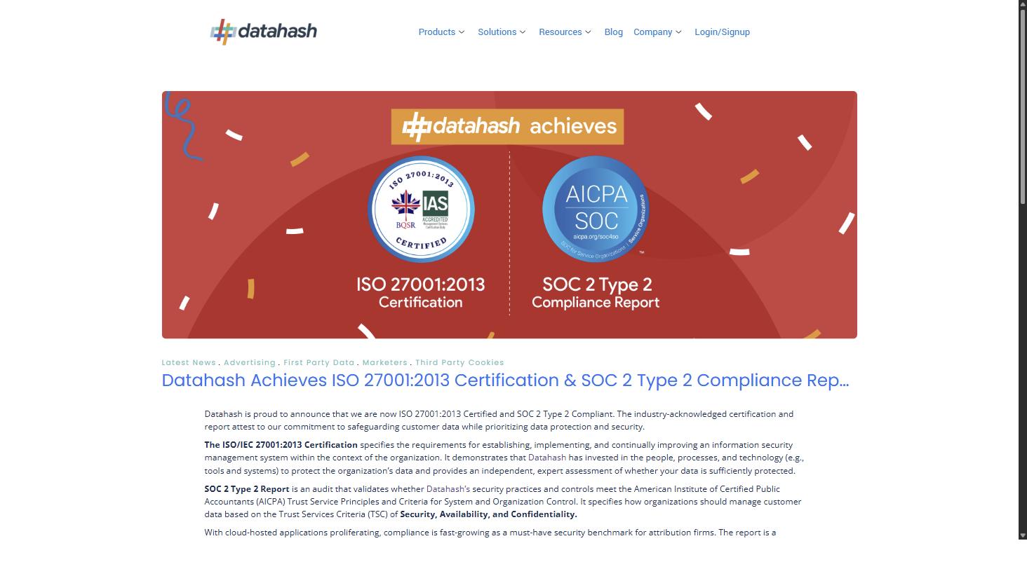 Datahash announcement of ISO 27001:2013 certification and SOC 2 Type 2 compliance