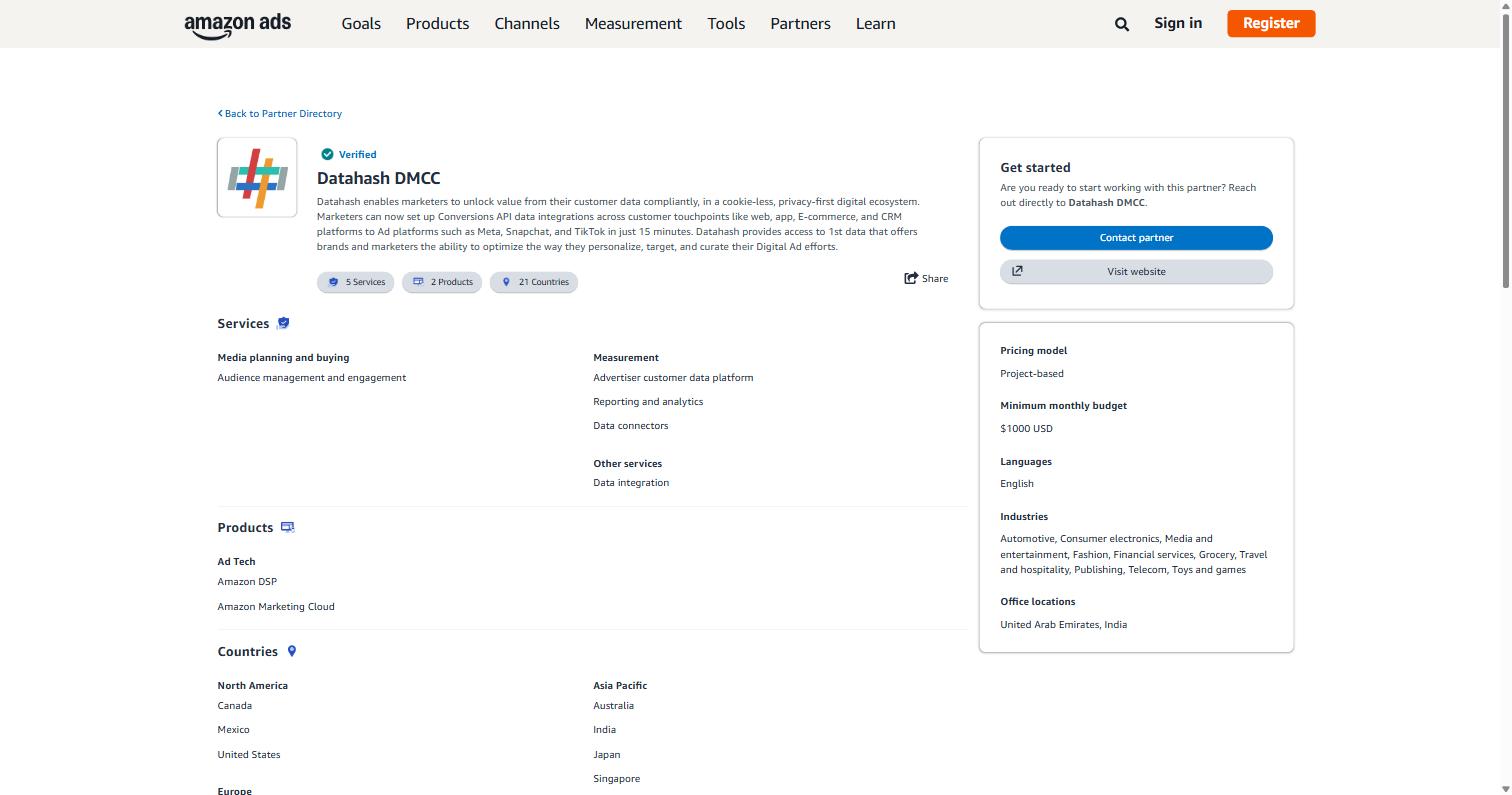 Datahash DMCC profile in the Amazon Ads Partner Directory showing the Verified badge