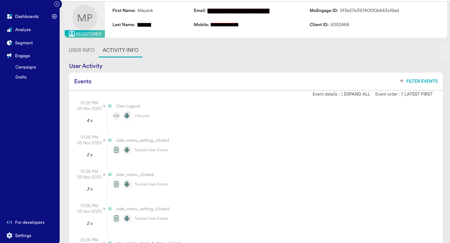 Marketing automation platform with events and journeys configured