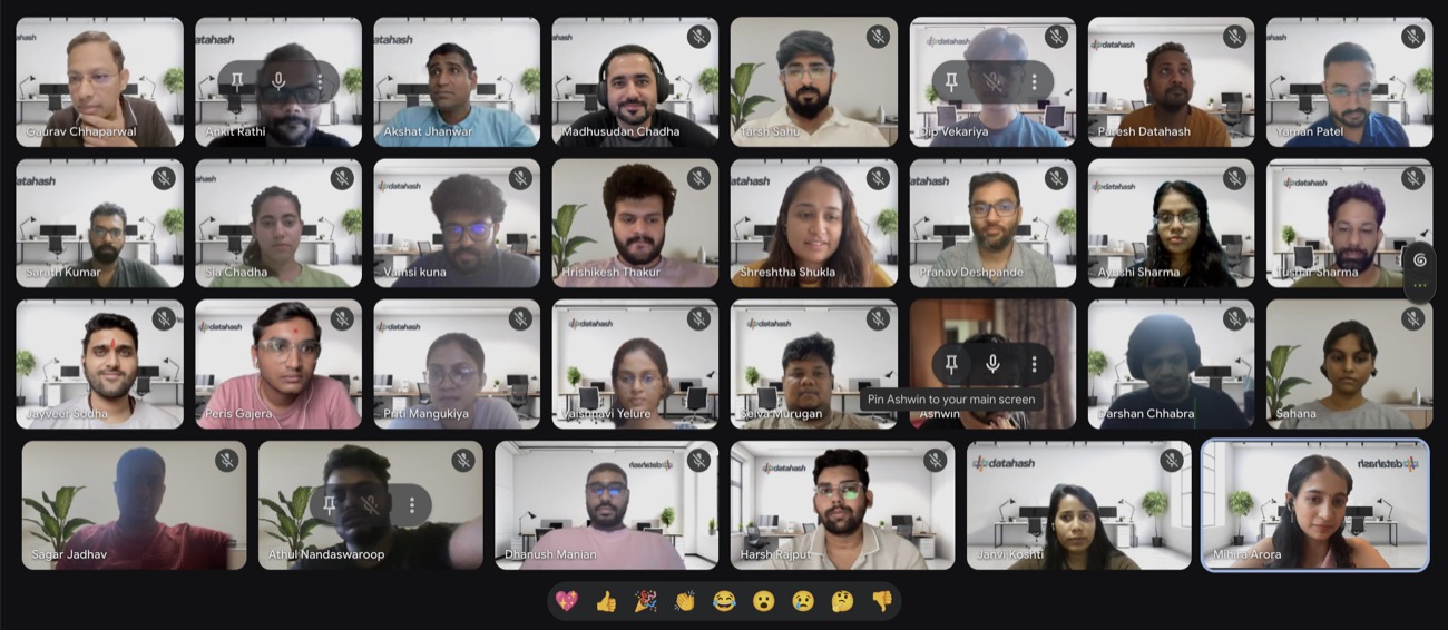 The all-hands call: around thirty faces on one screen