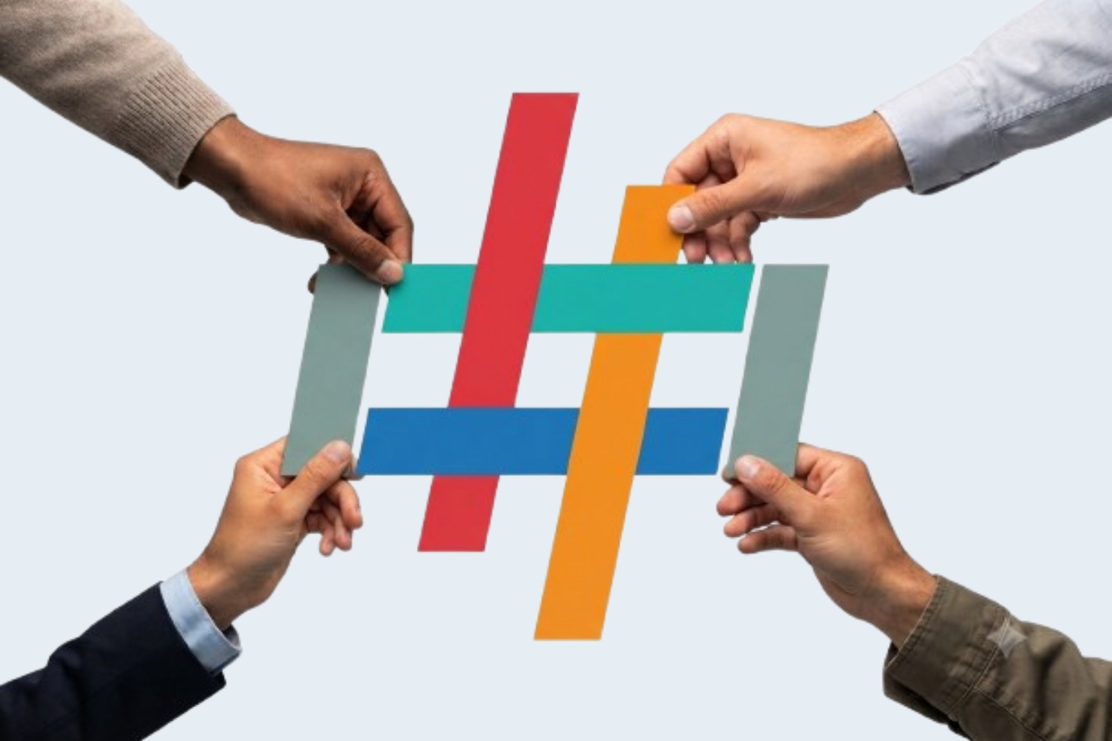 Several hands assembling the Datahash hash mark from coloured bars, each person holding a piece.