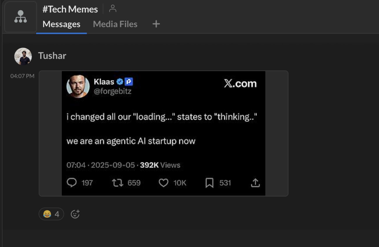 The Tech Memes channel: a posted meme collecting laugh reactions