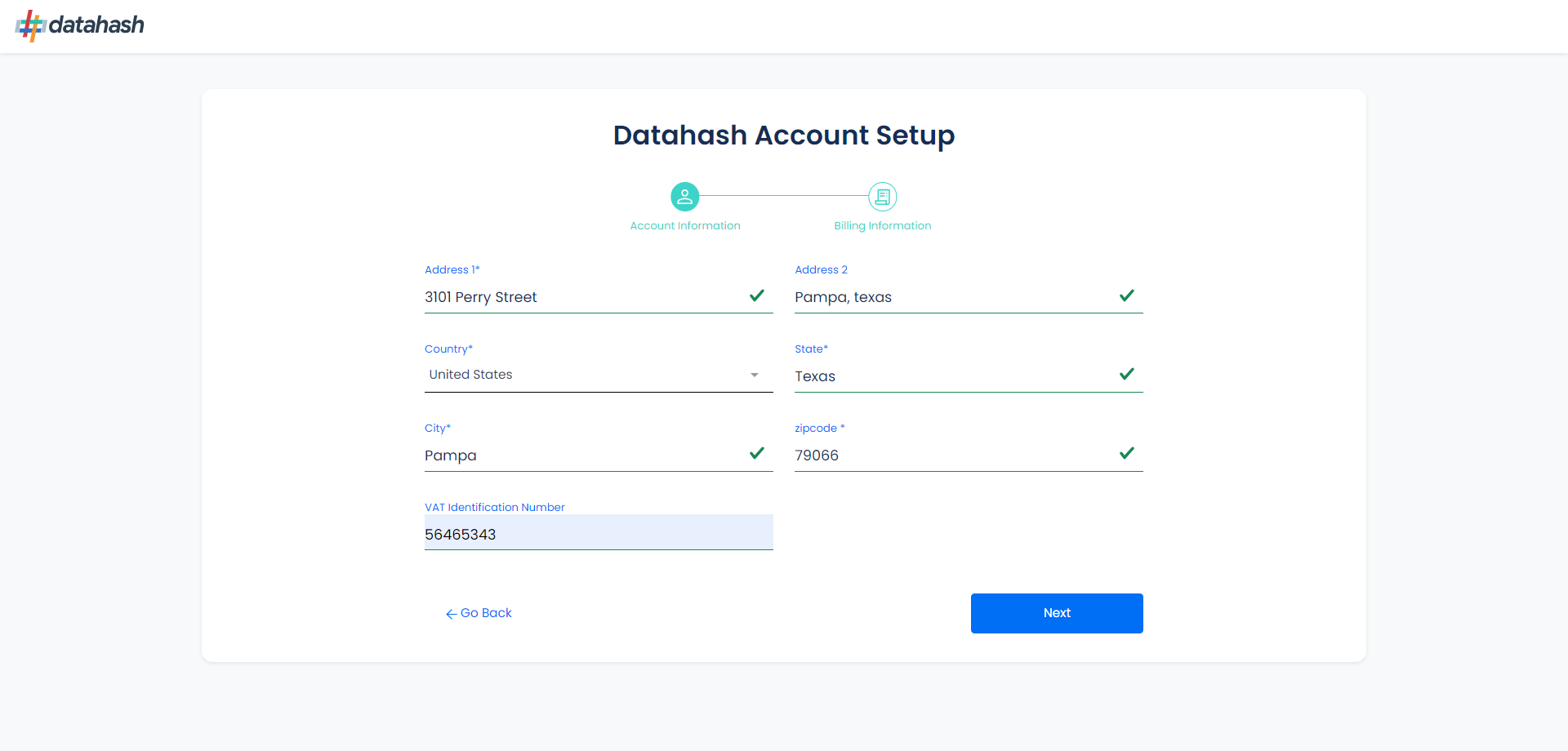 datahash account setup billing